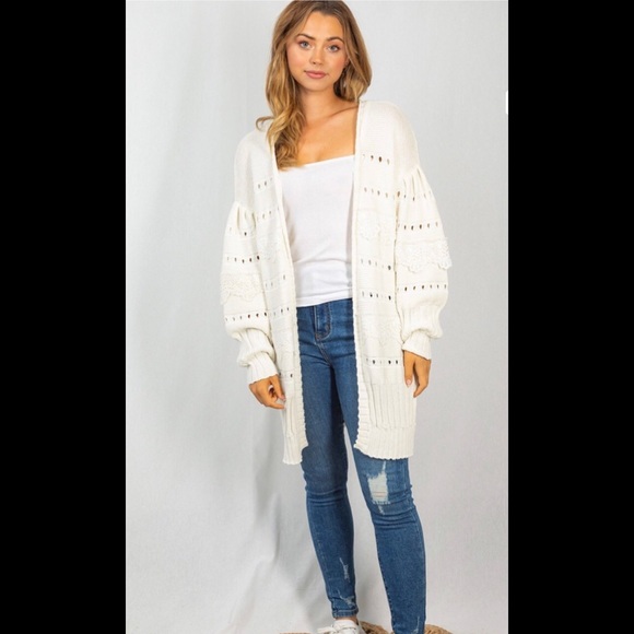 White Long Sleeve Solid Knit Cardigan With Eyelet Detail - Picture 6 of 9